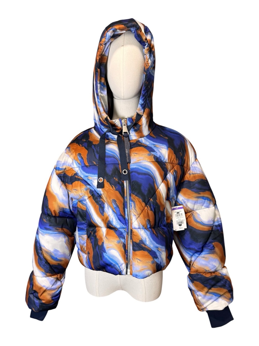 NWT Avec Les Filles Marble Print Hooded Cropped Puffer Jacket Blue Orange M
